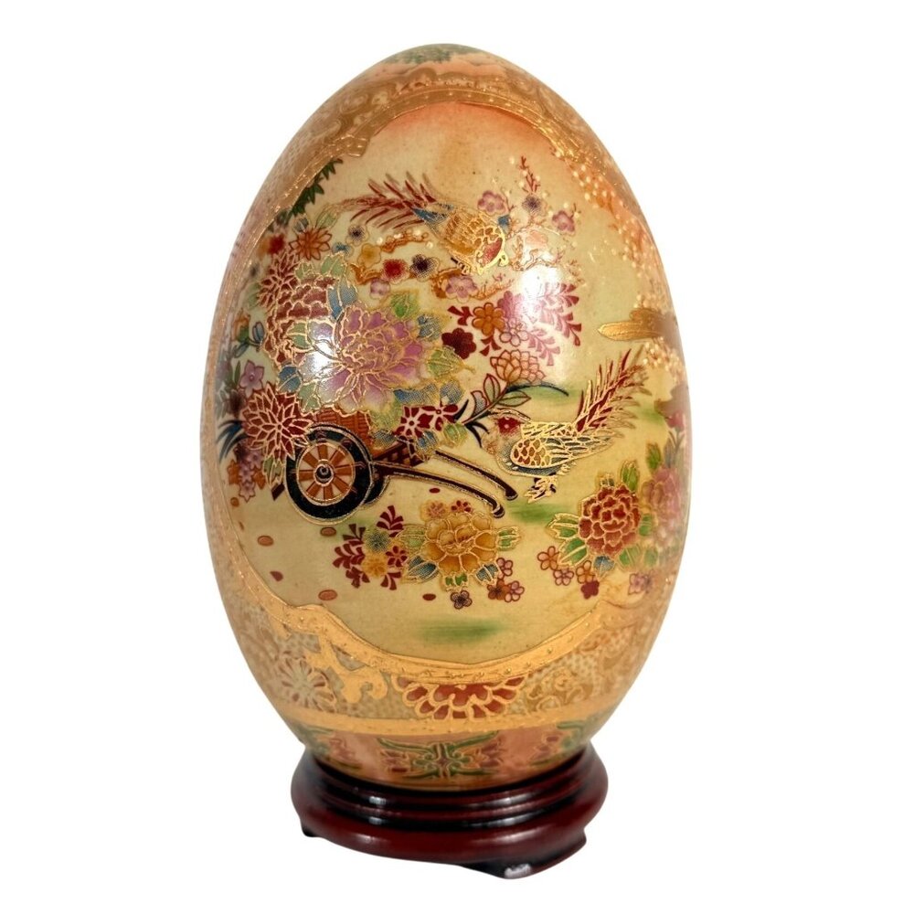 Japanese Satsuma Decorative Egg Gold Gilt Floral Landscape Glazed VTG Wooden Sta